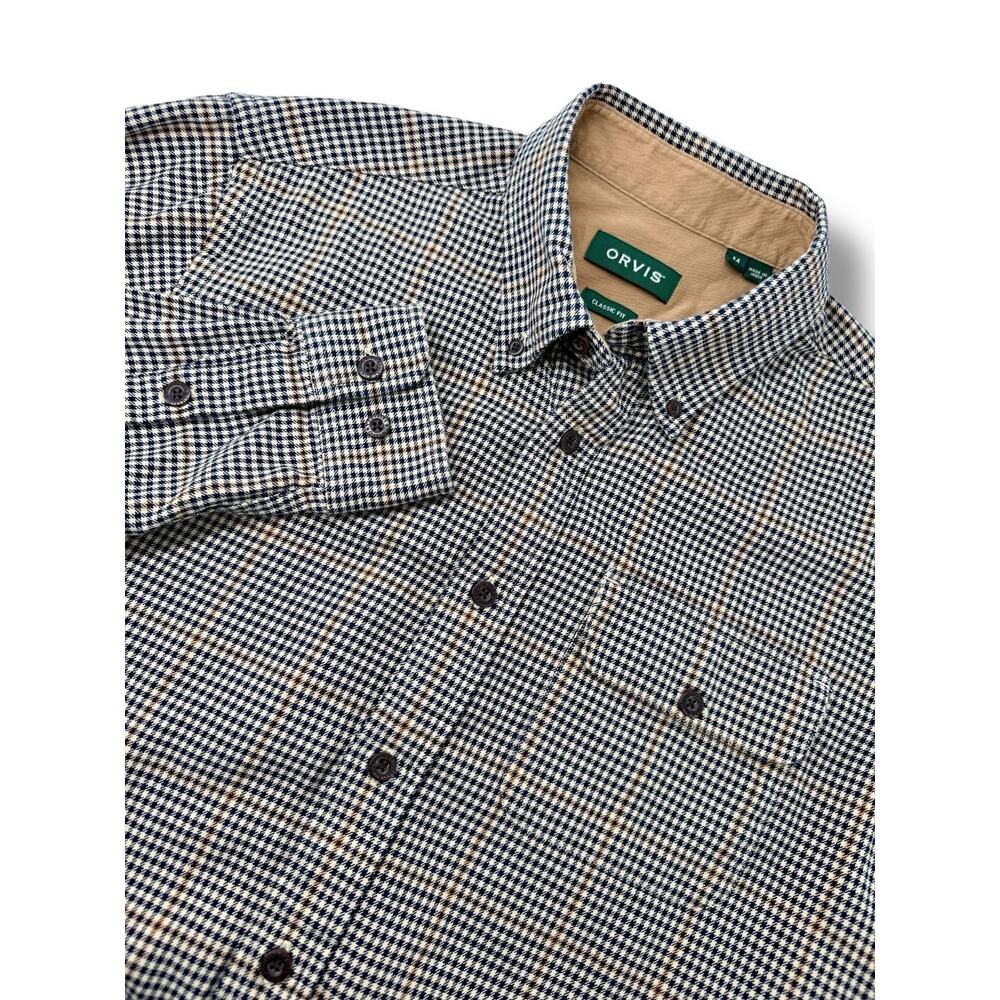 Orvis Men's Flannel Shirt M Classic Fit Gun Club Check Houndstooth Navy Cotton